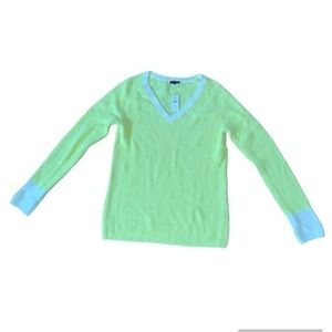 Talbots NWT Neon Yellow and White Trim V-Neck Lightweight Sweater Size XS